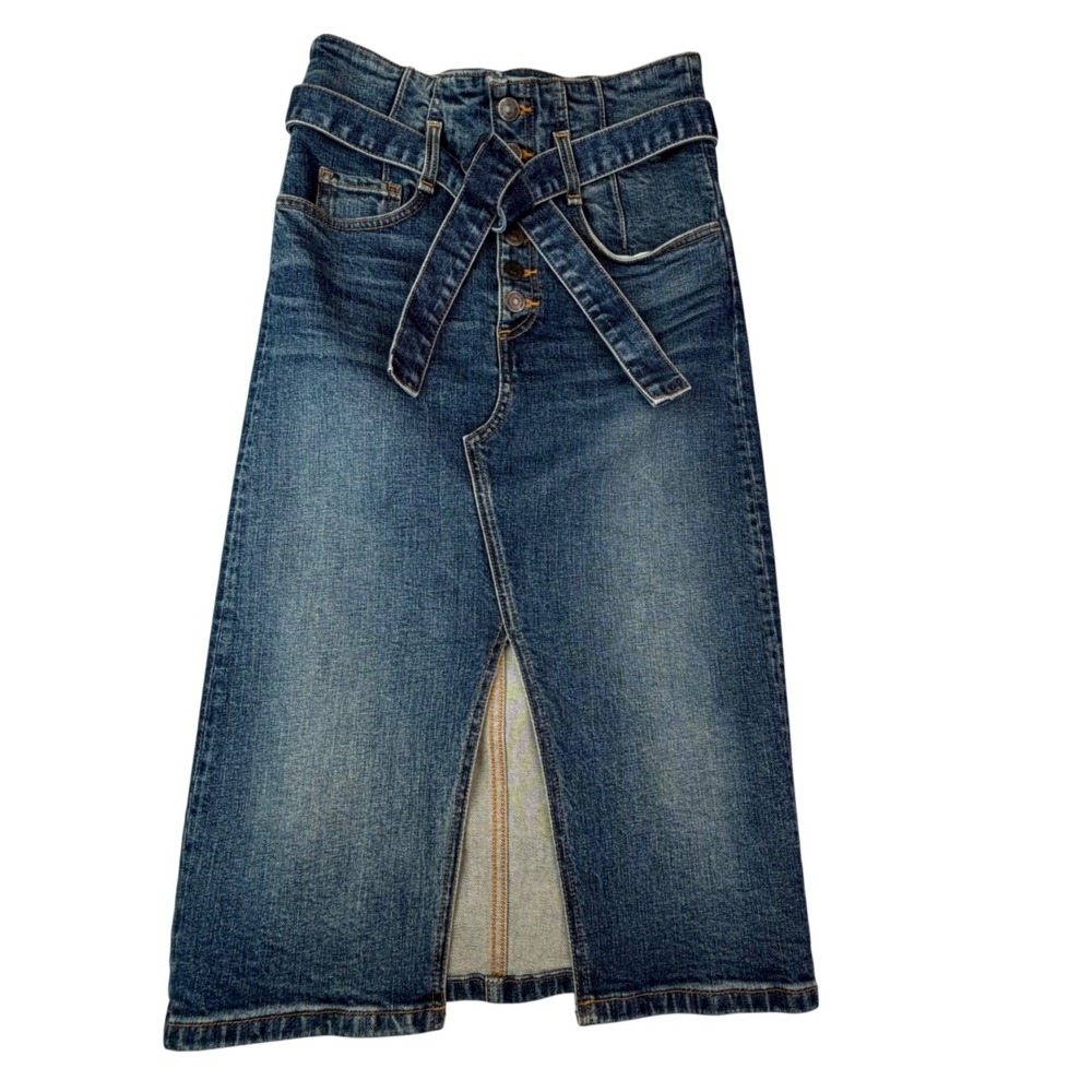 Veronica Beard Denim Midi Skirt Button Fly Tie Waist Preppy Americana Size 2